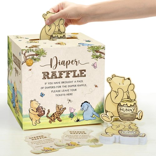 51Pcs Classic Winnie Bear Baby Shower Decorations Diaper Raffle Box with Tickets, Neutral Vintage Bear Baby Shower Games Winnie Gender Reveal Decorations (Neutral)