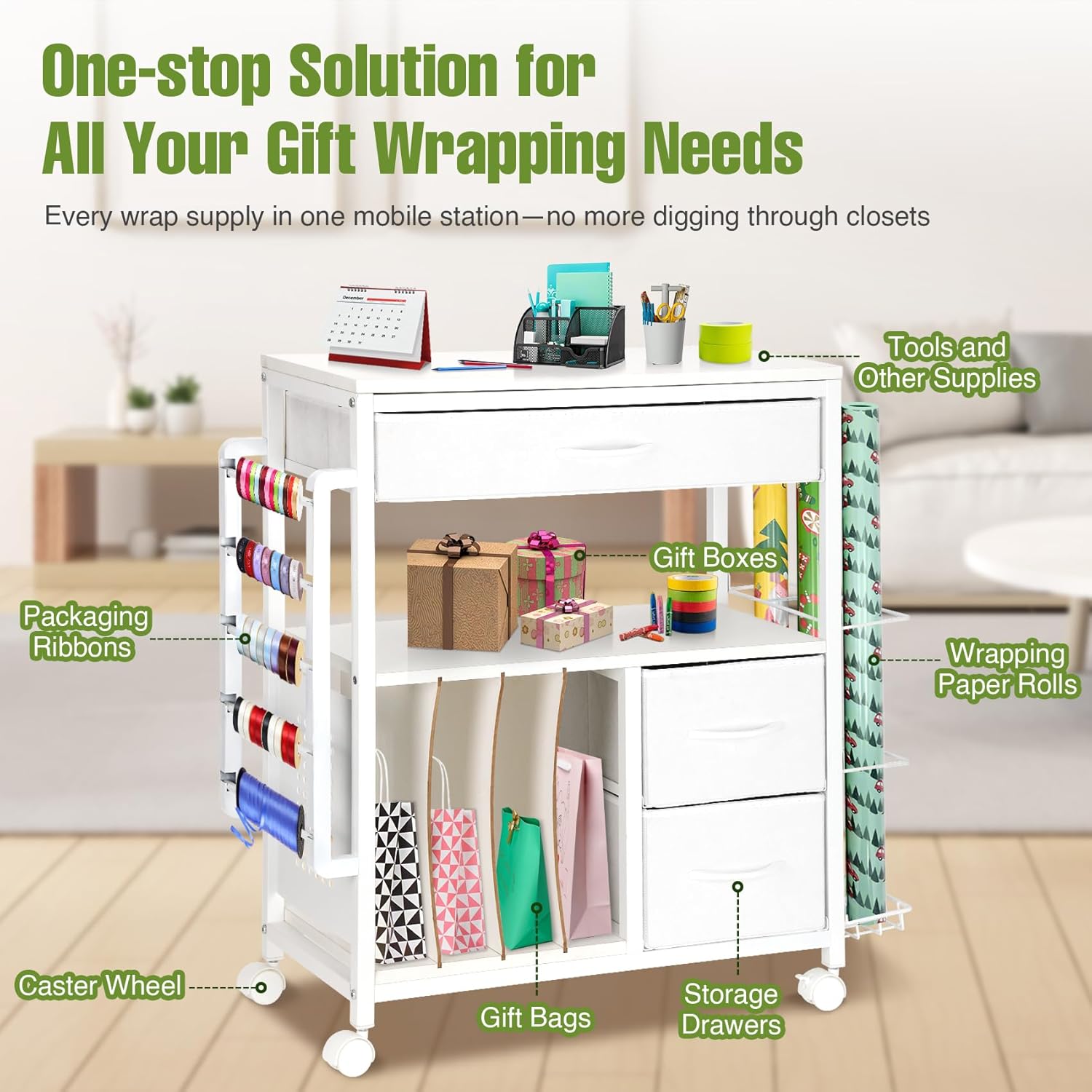 Vikua Gift Wrapping Cart - 3-Tier Portable Station with Ribbon & Bag Storage | Perfect for Christmas