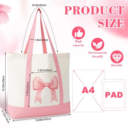 Sanwuta 12 Pcs Coquette Pink Bow Preppy Canvas Tote Bags for Women Valentine Day Large Aesthetic Canvas Bag with Pocket Reusable Grocery Shopping Tote Gifts for Work Beach Travel