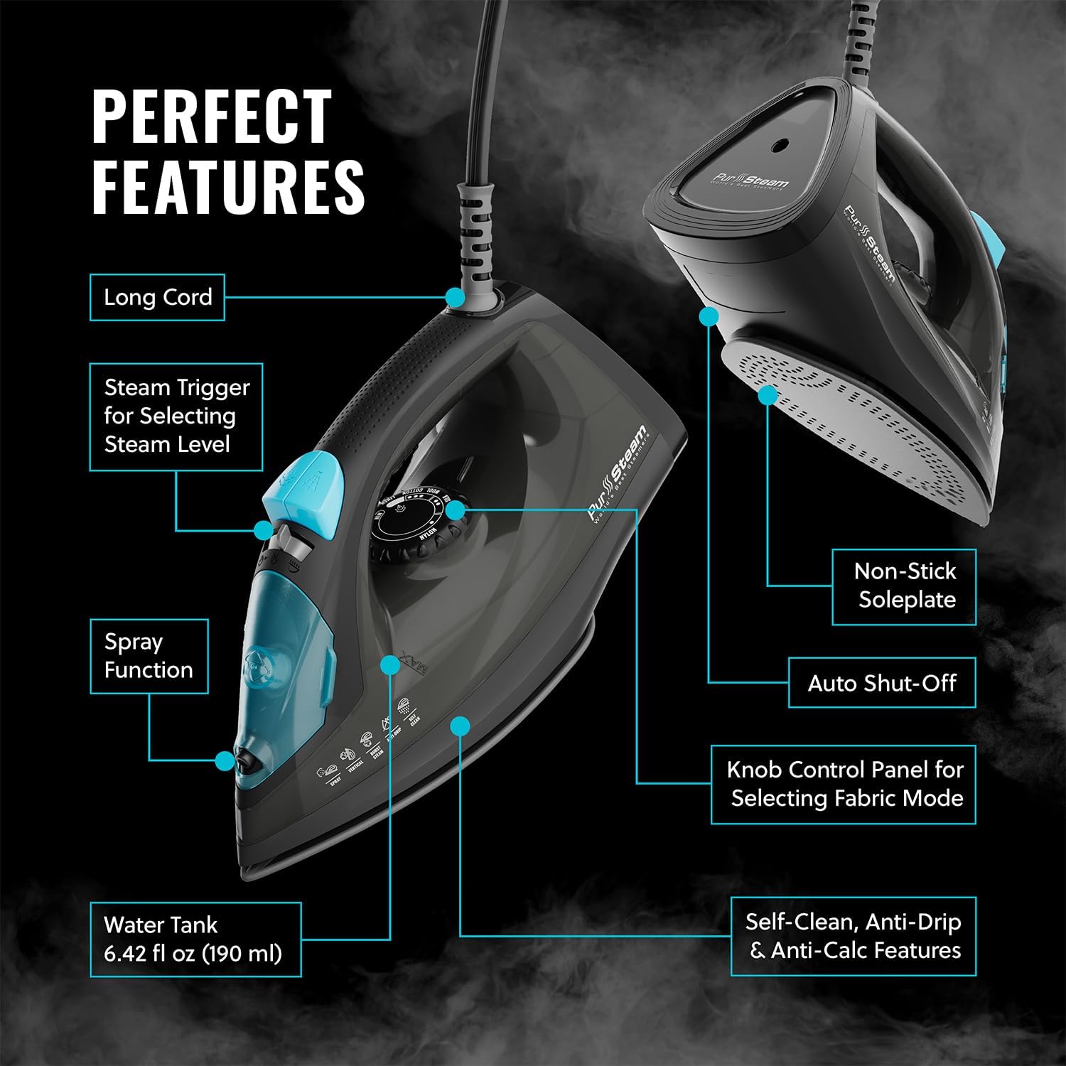 PurSteam Professional 1250W Steam Iron - Powerful Steamer with Burst of Steam & Non-Stick Soleplate