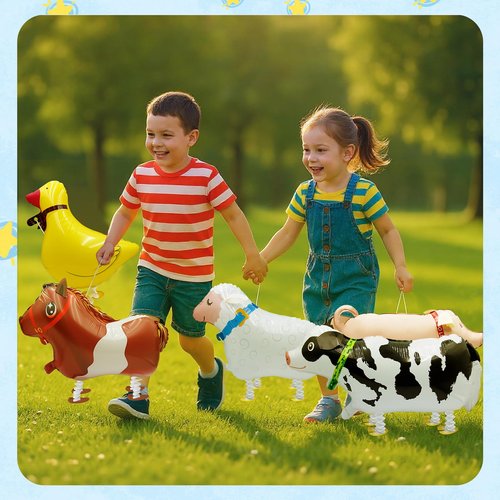 8-Pack Walking Farm Animal Balloons | Farm Theme Party Decorations for Kids' Birthdays, BBQs & Farmhouse Events | Reusable Foil Balloons with Ribbon