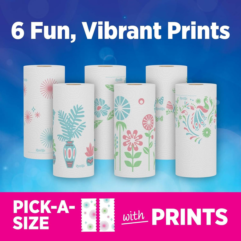 Sparkle Paper Towels - Spirited Print Design, 6 Double Rolls (660 Sheets) - Strong 2-Ply for Kitchen Cleanup