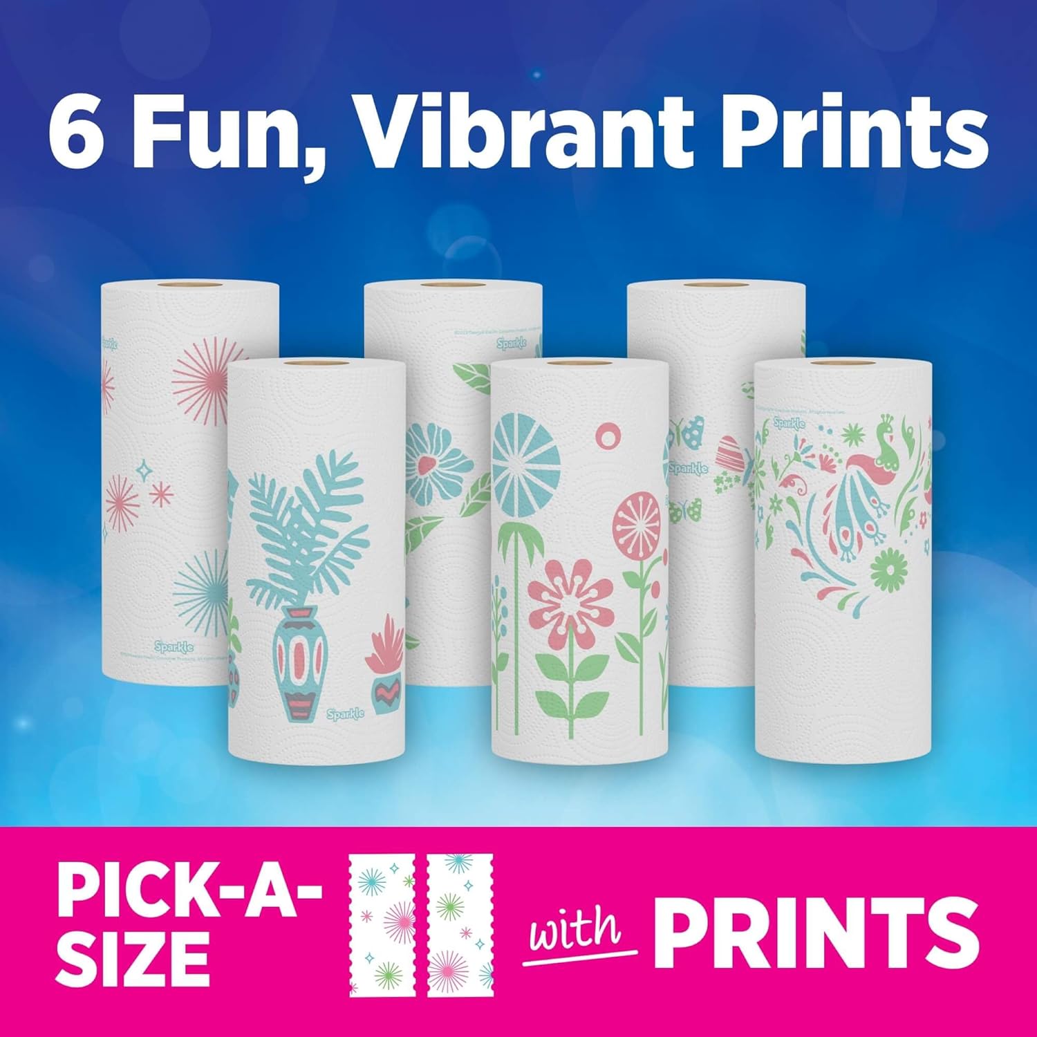 Sparkle Paper Towels - Spirited Print Design, 6 Double Rolls (660 Sheets) - Strong 2-Ply for Kitchen Cleanup