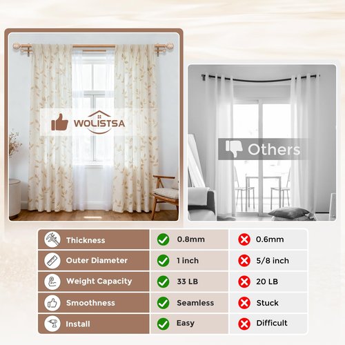 Wood Double Curtain Rod, Boho Decorative Long Dual Curtain Rods for Windows 84 to 120 Inch, 1" Adjustable Heavy Duty Double Rod, Unique Handmade Imitation Wood Grain Leaf Finial Design