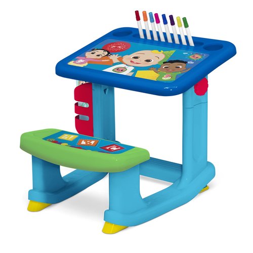 CoComelon Draw and Play Desk by Delta Children – Includes 10 Markers and Coloring Book, Blue
