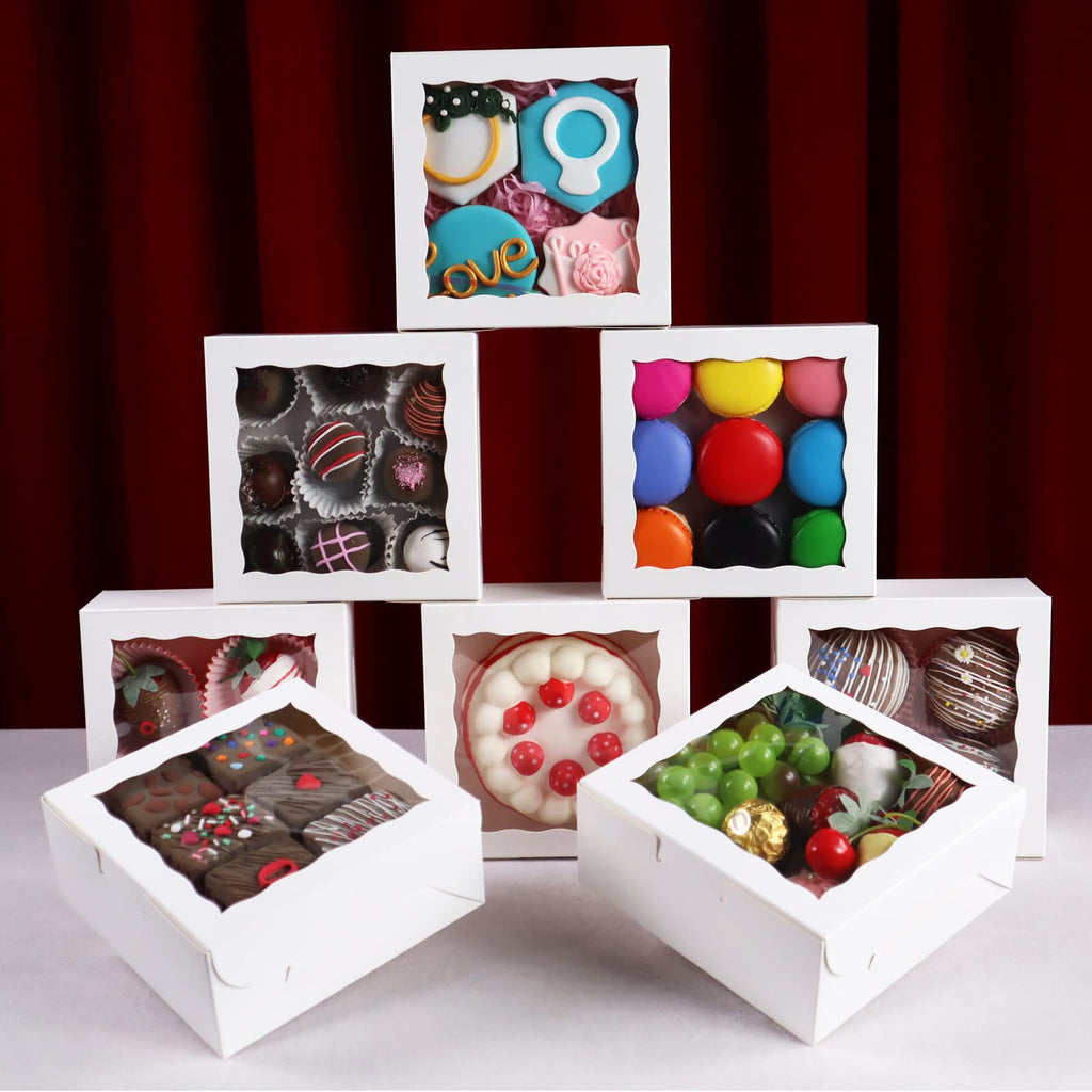 SLShePack 20pcs 6"x6"x2½ White Bakery Boxes with Window Cookie Boxes Small Cake Boxes Macaron Boxes Pie Boxes Truffle Chocolate Boxes