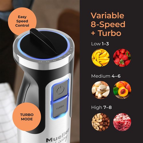 MuellerLiving Immersion Hand Blender Set - 8-Speed Mixer with Stainless Steel Blade & 7 Attachments
