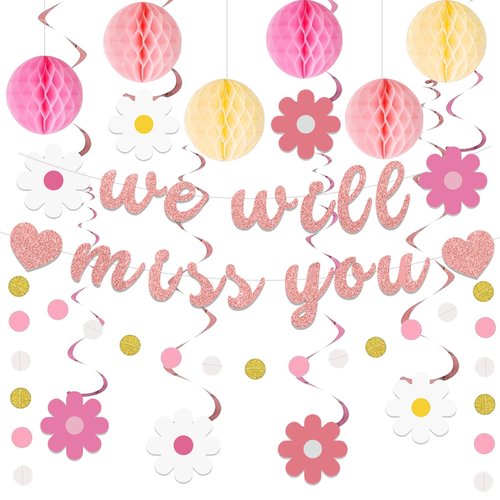 Roetyce Farewell Party Decorations Women, Pink We Will Miss You Banner Honeycomb Balls Hanging Swirls, Rose Gold Flower Theme Going Away Leaving Goodbye Party Supplies, Retirement Photo Background