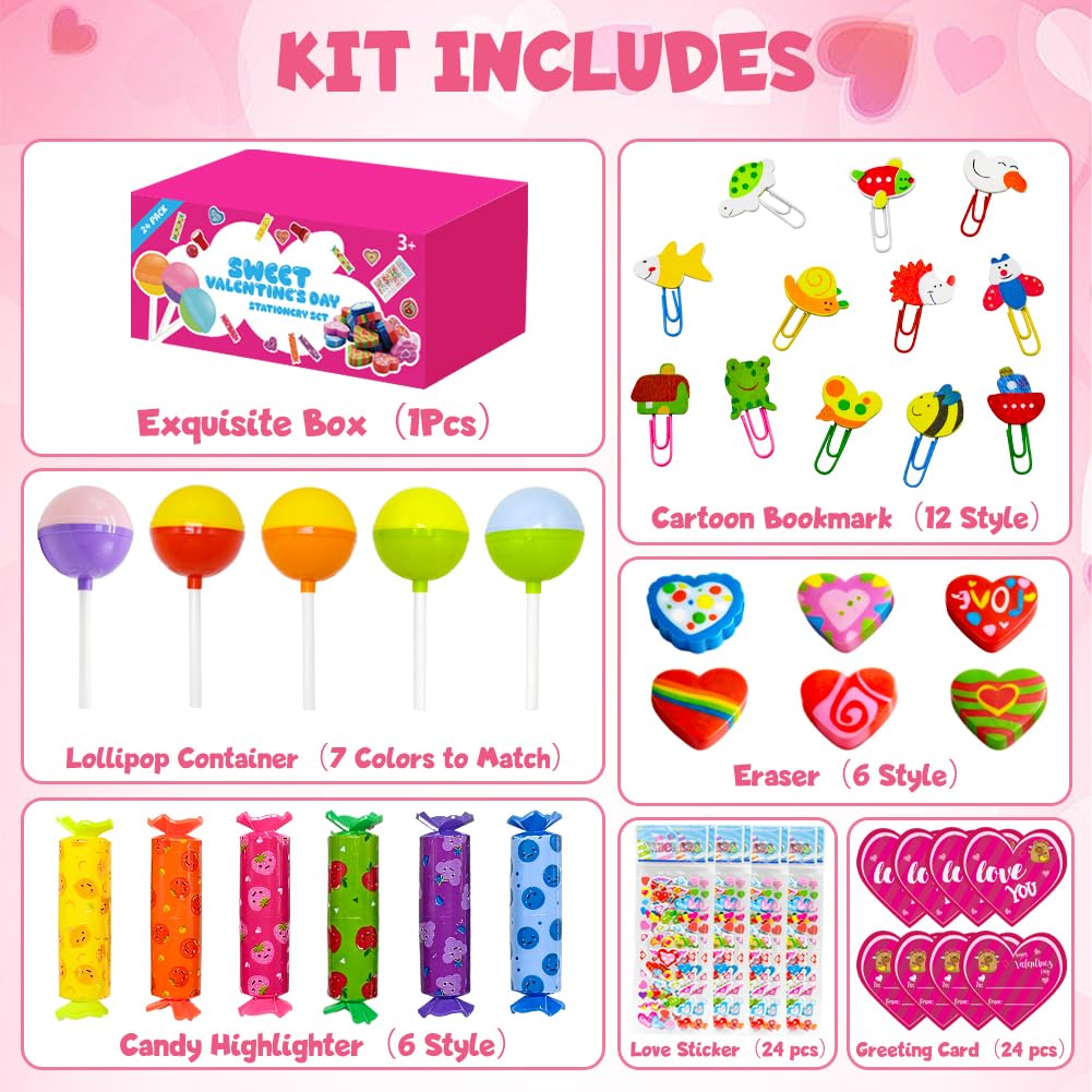 UMEELR 24Pack Lollipop Stationery Set with Heart Cards Highlighter Stickers Cartoon Paperclip Erasers for School Class Prize Easter Basket Stuffers, Easter Egg Hunt