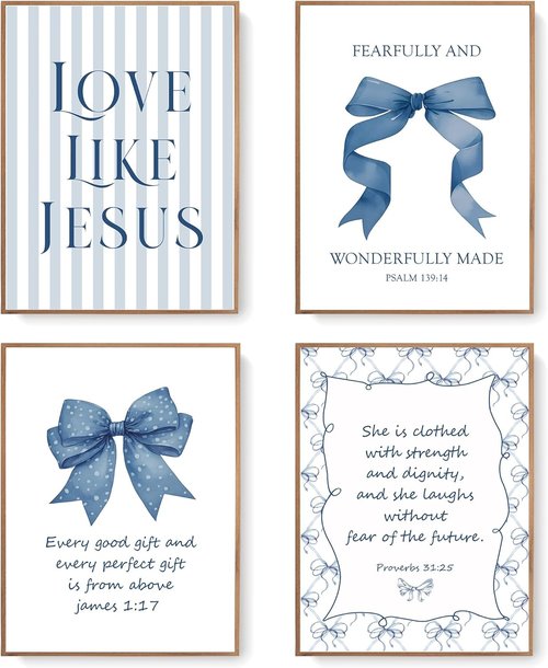 LARTSFRO Coquette Wall Art Decor - Navy Blue Bow Christian Posters | Inspirational Bible Verses | 12x16 Inch Set of 4 Unframed