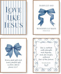LARTSFRO Coquette Wall Art Decor - Navy Blue Bow Christian Posters | Inspirational Bible Verses | 12x16 Inch Set of 4 Unframed