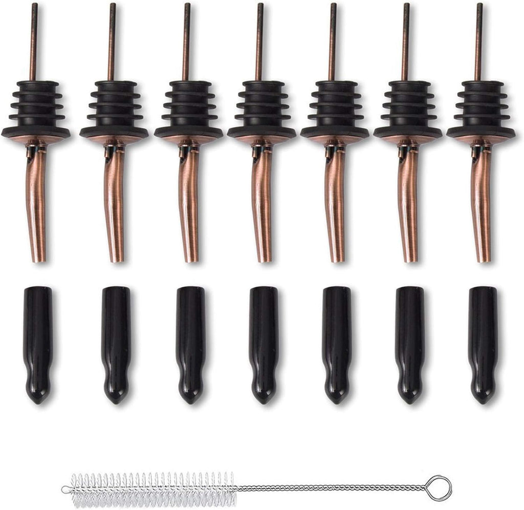 Stainless Steel Copper Liquor Pour Spouts Set - Tapered Speed Pours Nozzles with Rubber Dust Caps | Pourers For Alcohol, Olive Oil & Liquor Bottles | Bartender Accessories for Bar & Home Use