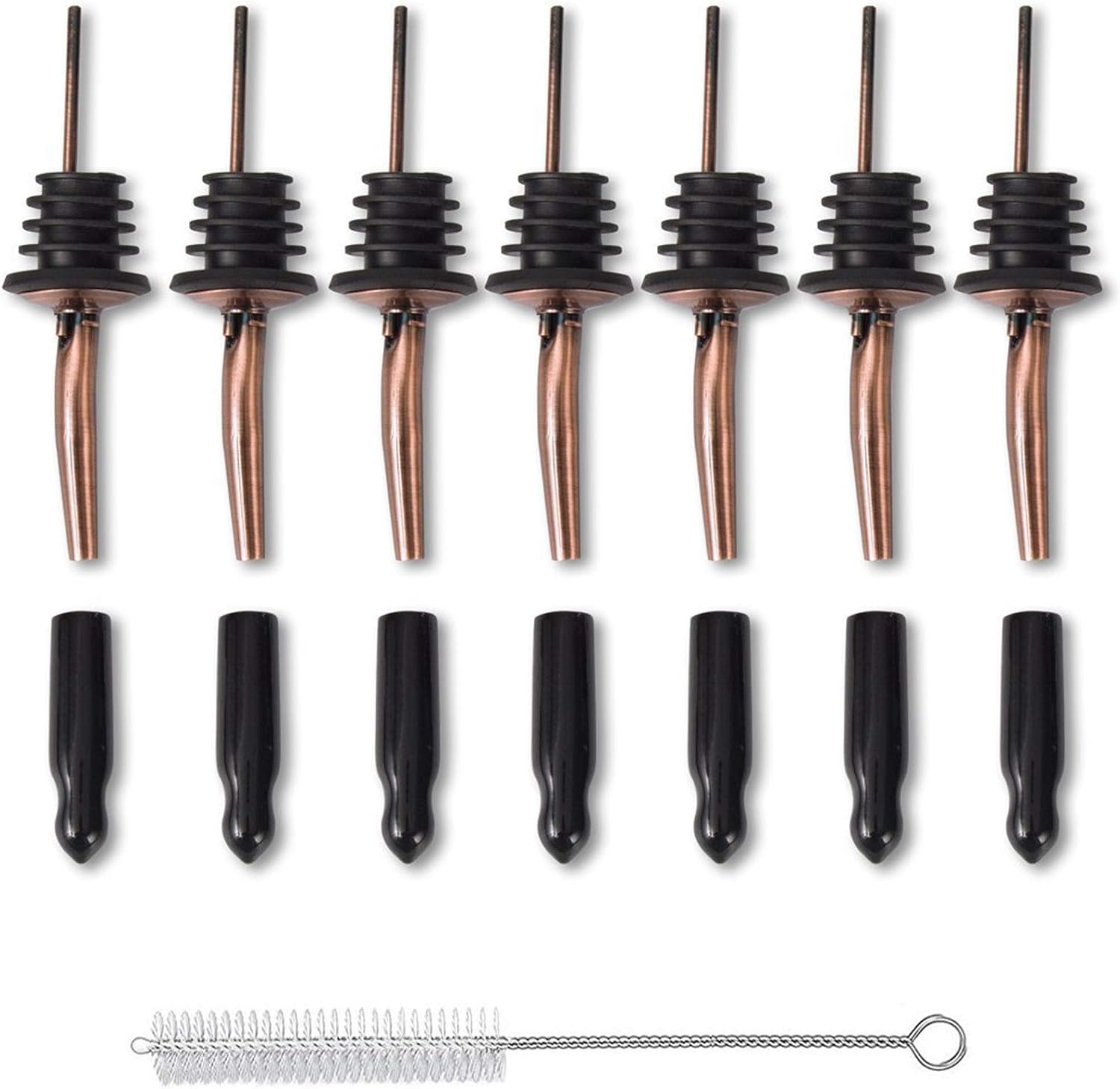 Stainless Steel Copper Liquor Pour Spouts Set - Tapered Speed Pours Nozzles with Rubber Dust Caps | Pourers For Alcohol, Olive Oil & Liquor Bottles | Bartender Accessories for Bar & Home Use