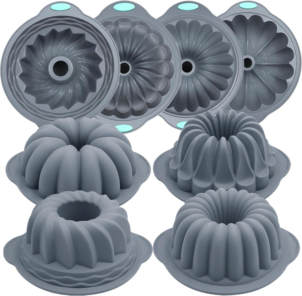 Tongjude Silicone Fluted Tube Cake Pans - 4-Piece Non-Stick Baking Set for Cakes, Jello & Bread - Grey