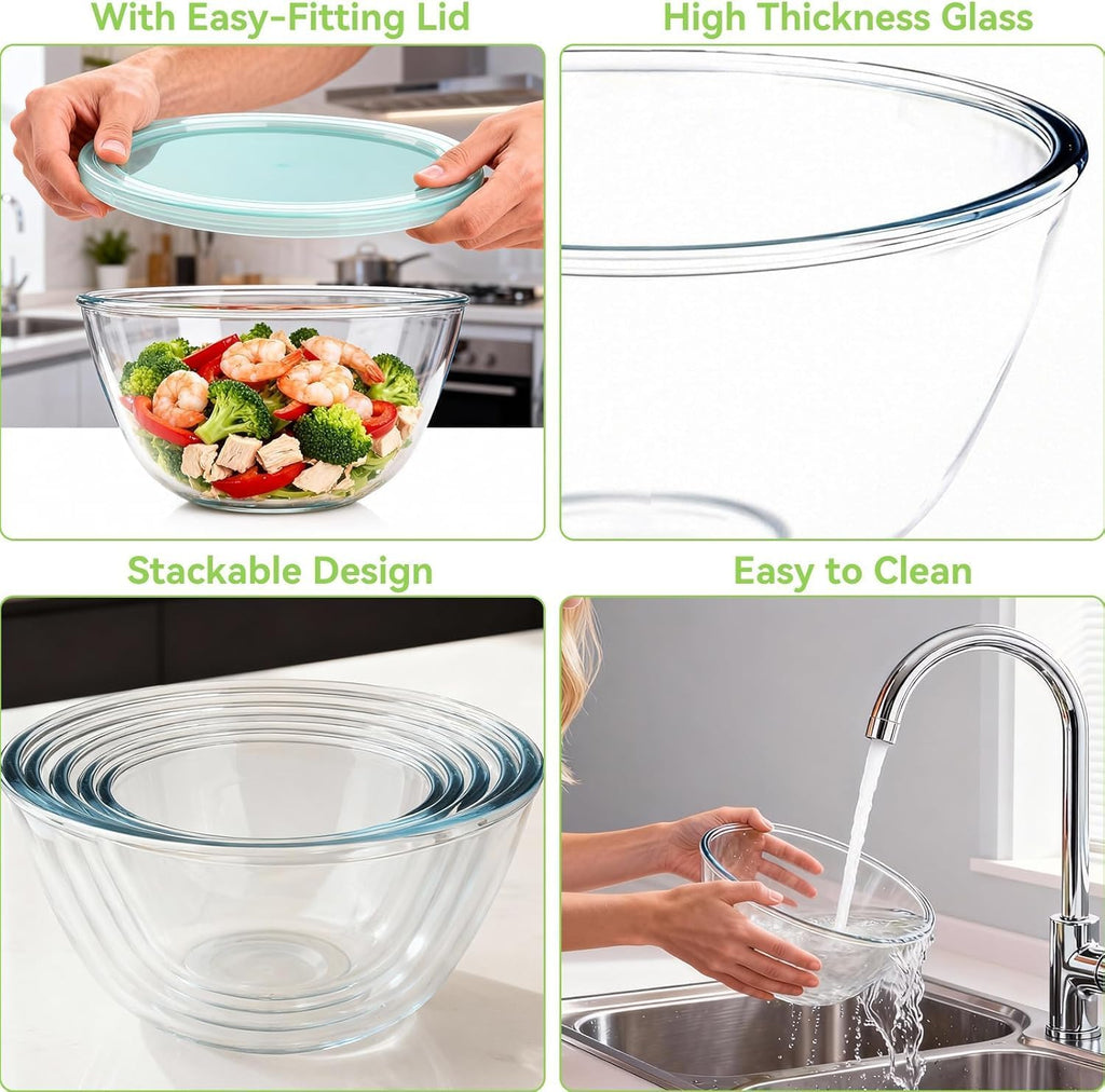 YUANYE Glass Mixing Bowls Set - 4 Pack with Lids | Thick, Nesting Kitchen Bowls for Cooking & Baking (3/1.7/0.9/0.6QT)