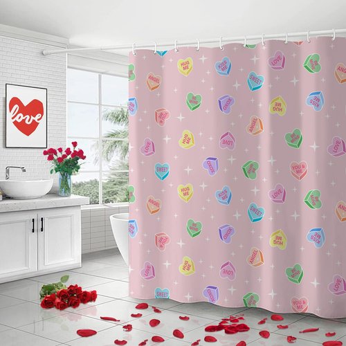 ZORKET Pink Valentines Day Shower Curtain Bathroom Decor, Candy Heart Shower Curtain Set with 12 Hooks, Valentine Shower Curtains for Bathroom, 72x72 Inch