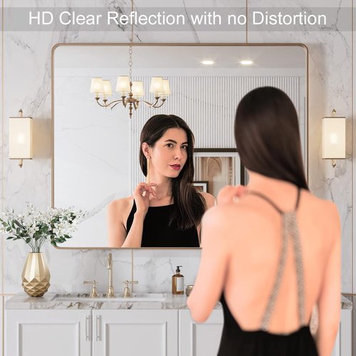LOAAO Gold Bathroom Mirror - 40”X36” Rounded Rectangle Design | Anti-Rust Tempered Glass, Wall-Mounted