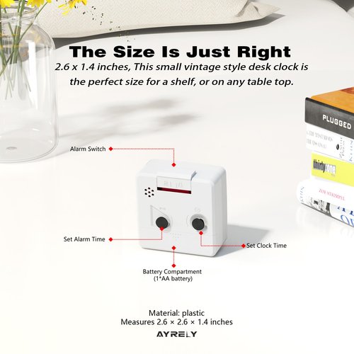 AYRELY® 2.6" × 1.4" Ultra Small Battery Operated Analog Travel Alarm Clock, Silent Non-Ticking with Snooze and Light, Retro Bedside Table Clock for Bedroom, Easy Top Alarm Switch (White)