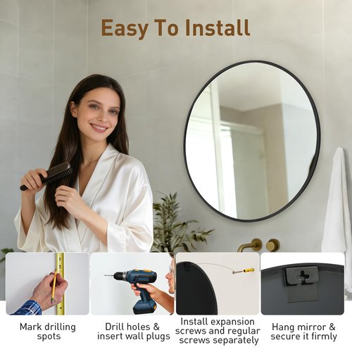 NEWBULIG Round Bathroom Mirror 24", Wall Mirror with Aluminum Alloy Thin Frame, Bathroom Mirrors for Over Sink, Bedroom, Living Room, Entryway, Black