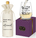 Retirement Gifts for Women Men, Funny Retirement Wine Glass and Wine Bag Set, Best Retired Gifts for Friends Cowkers Doctors Nurses Teachers Boss-PAIRS WELL WITH RETIREMENT (Retired-Beige)