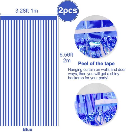 Blue Metallic Tinsel Foil Fringe Curtains by [Brand Name] - 2 Pcs Backdrop for Birthday, Wedding & Baby Shower | 3.28 ft x 6.56 ft
