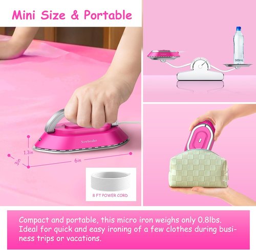Newbealer Travel Iron - Mini Dry Iron with Global Voltage, 300W, 60s Heat Up, Non-Stick Soleplate | Hot Pink