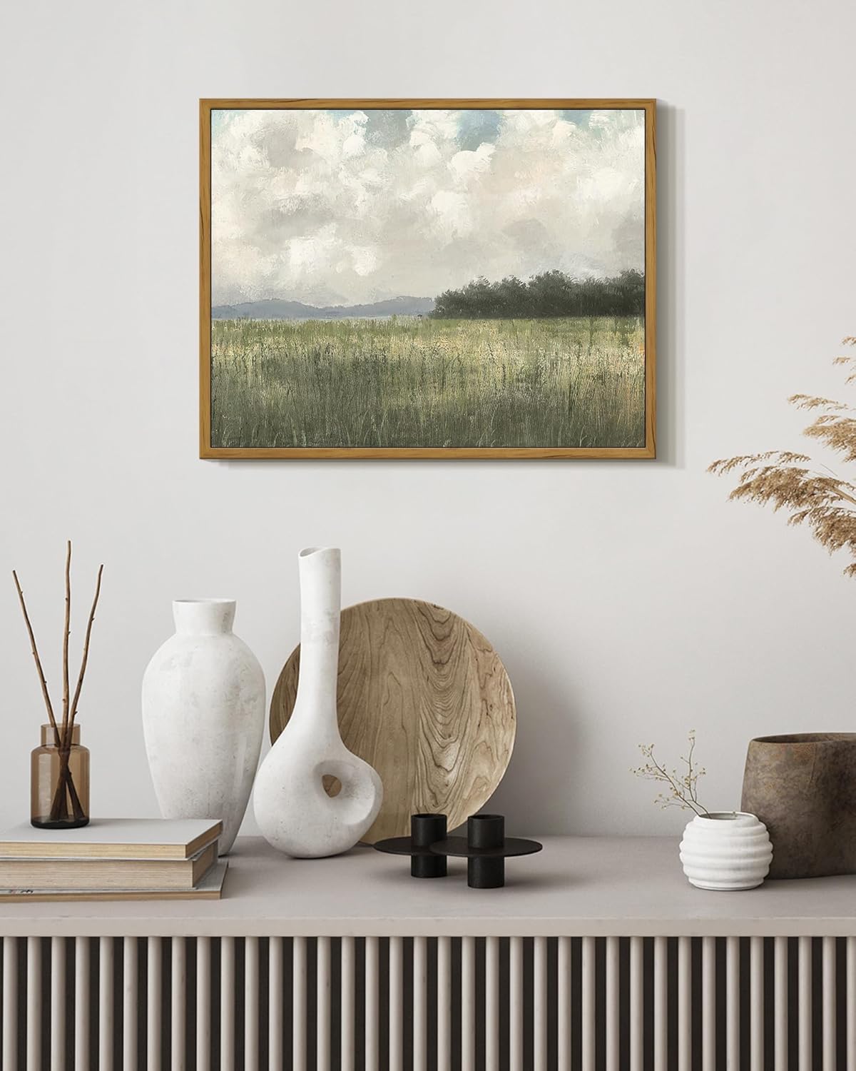 SHENIFY Vintage Landscape Wall Art - Country Meadow Scenery Retro Painting | 11x14in Natural Frame