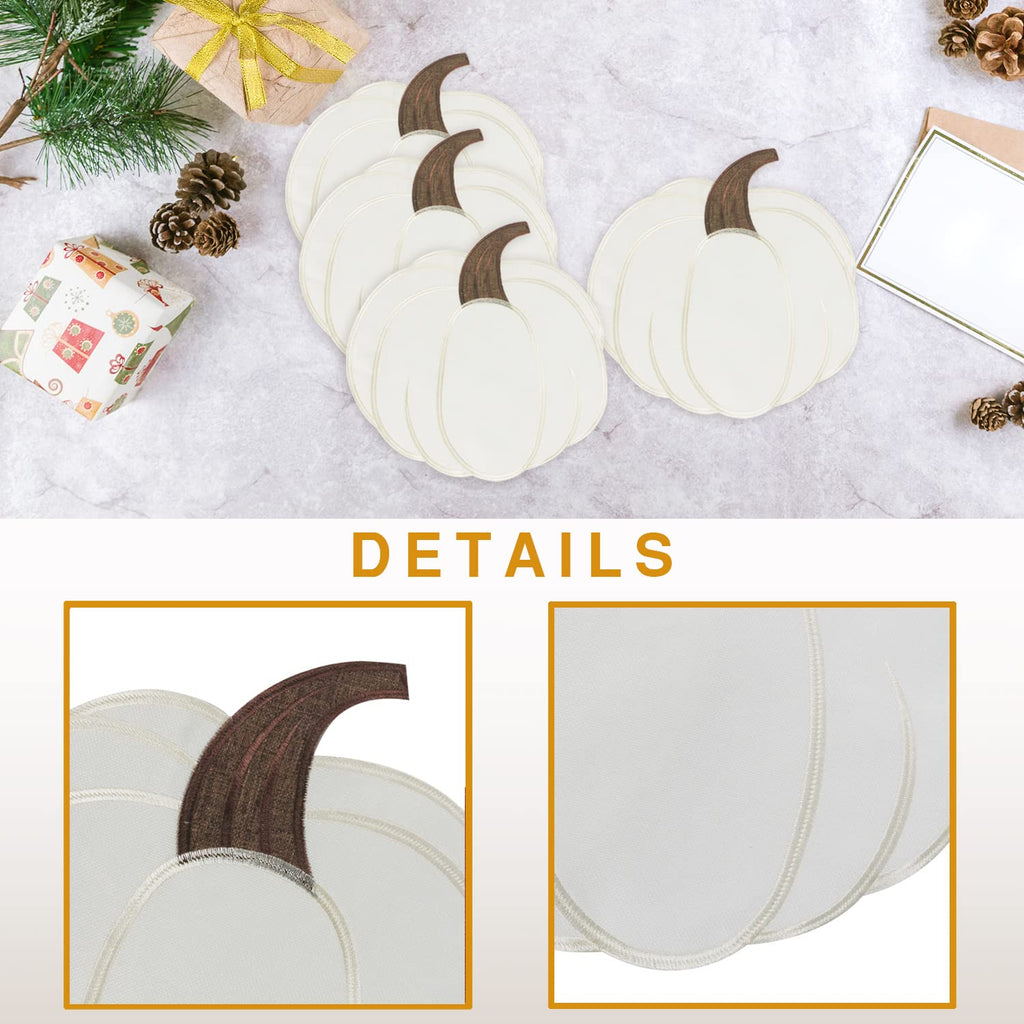 OWENIE Fall Placemats Set of 4, Thanksgiving Round Placemats with Embroidered Pumpkins, Harvest Placemat, Autumn Home Decor, Halloween Table Mats for Kitchen Dinning Table, Ivory, 15 Inch