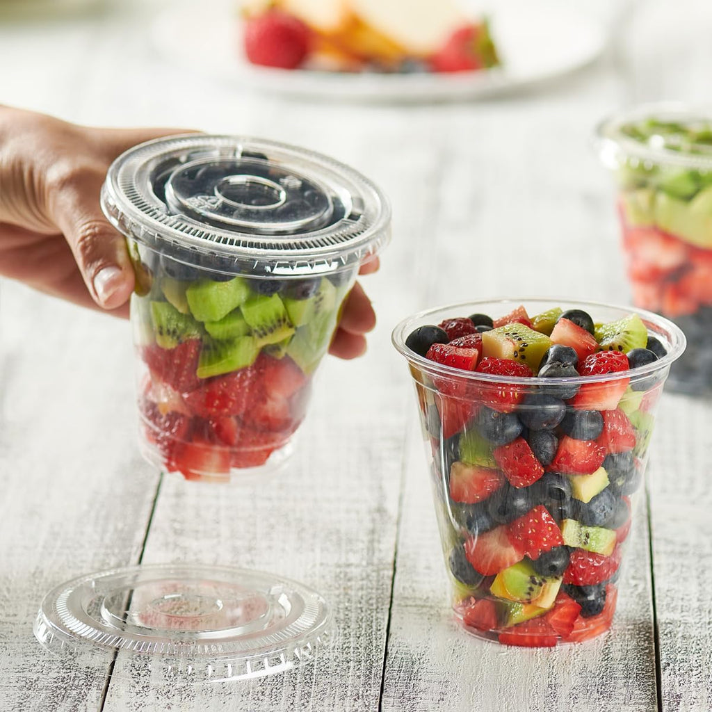 GUSTO 12 oz. Clear Plastic Cups With Flat Lids 50 Count (No Hole), Fruit Cups with Lids for Party - Perfect for Smoothies, Milkshakes, and To-Go Beverages -(Formelry Comfy Package)