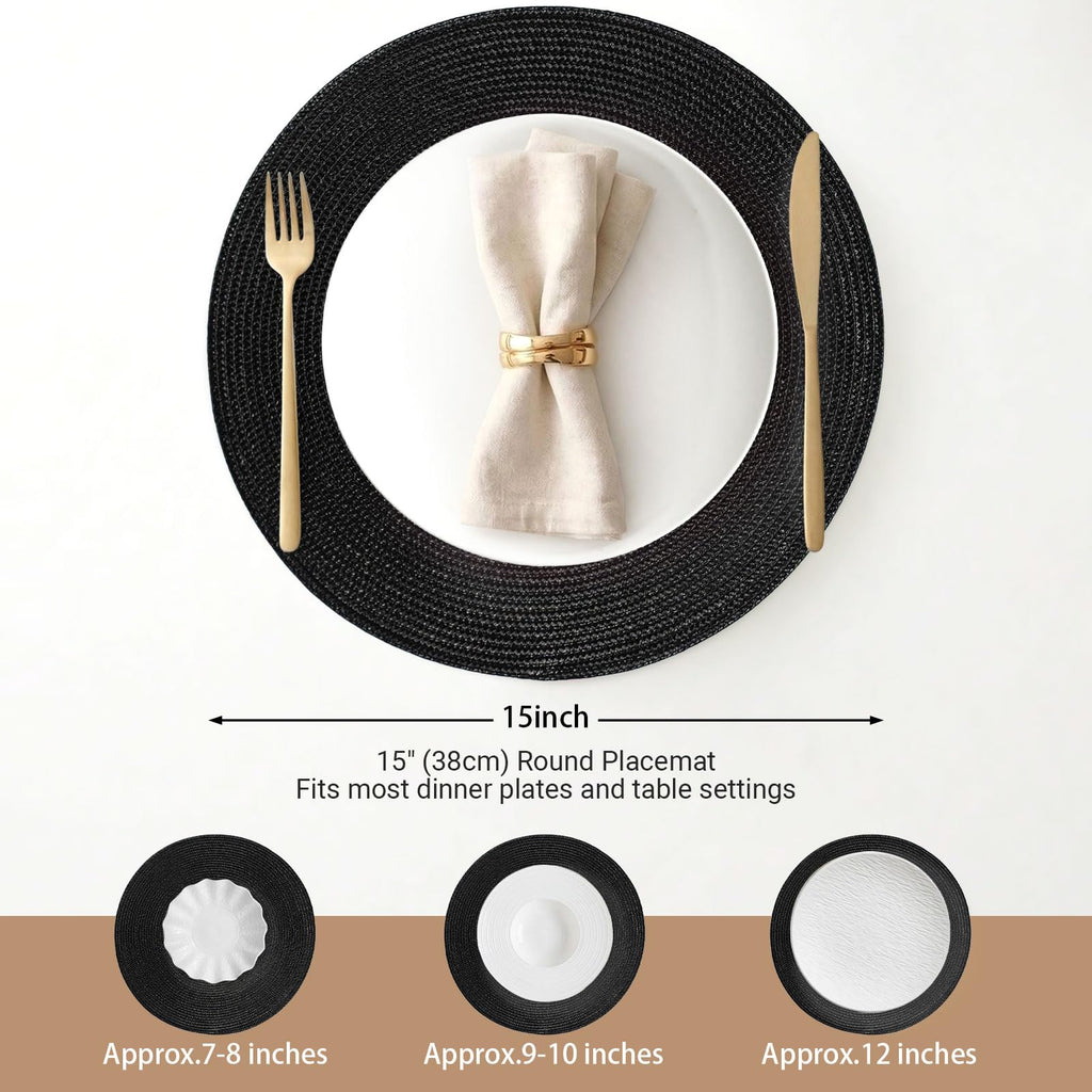 FunWheat Round Braided Placemats Set of 4 Table Mats for Dining Tables Woven Washable Non-Slip Place mats 15inch (Black, 4pcs)