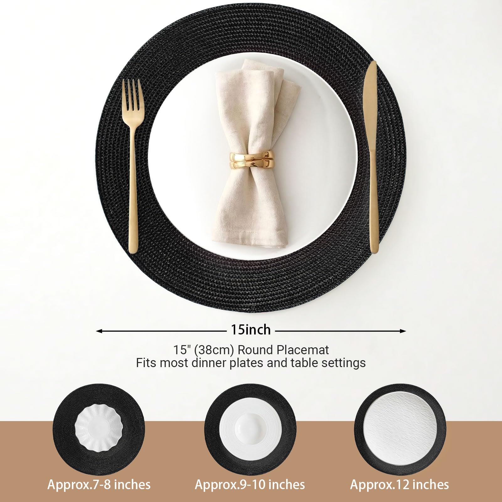 FunWheat Round Braided Placemats Set of 4 Table Mats for Dining Tables Woven Washable Non-Slip Place mats 15inch (Black, 4pcs)