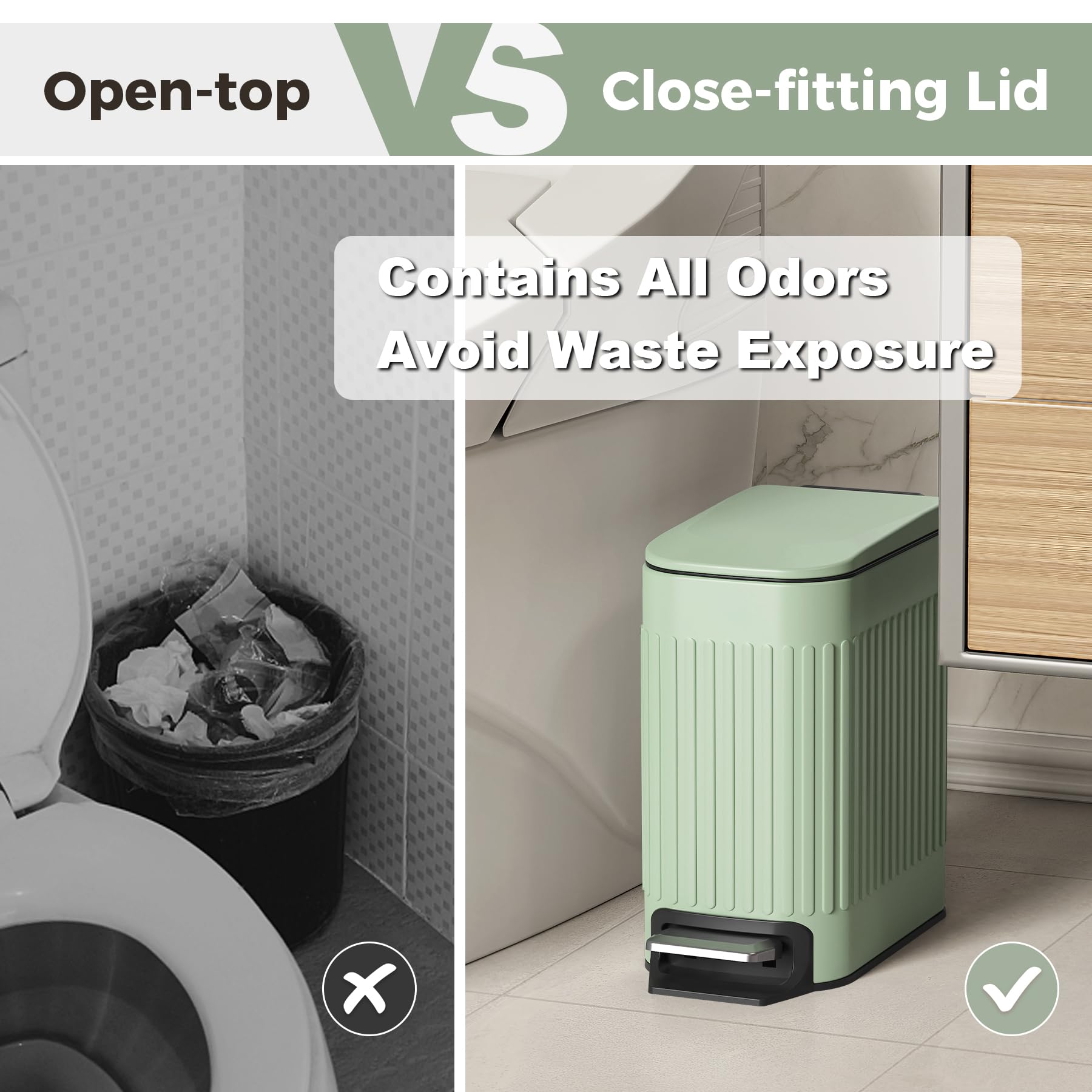 TrashAid Slim Bathroom Trash Can with Lid Soft Close, 6 Liter/1.6 Gallon Stainless Steel Small Garbage Can with Removable Inner Bucket, Step Pedal, Slim Wastebasket for Toilet, Office, Bedroom, Green