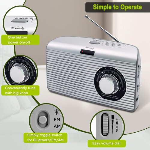 DreamSky Bluetooth Speaker Radio Sleep Timer, Hi-Fi Clear Extra Loud Sound, Portable AM FM Radio with Strong Reception, Plug in Wall or Battery Operated for Home/Outdoor, Seniors Small Gift