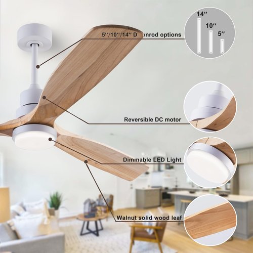 dearnow 56" Wooden Ceiling Fans with Lighted Remote Control, Indoor Outdoor Wooden Ceiling Fan, Outdoor Modern Ceiling Fan with 3 Fan Blades for Patio, Living Room, Bedroom, Farmhouse etc.…