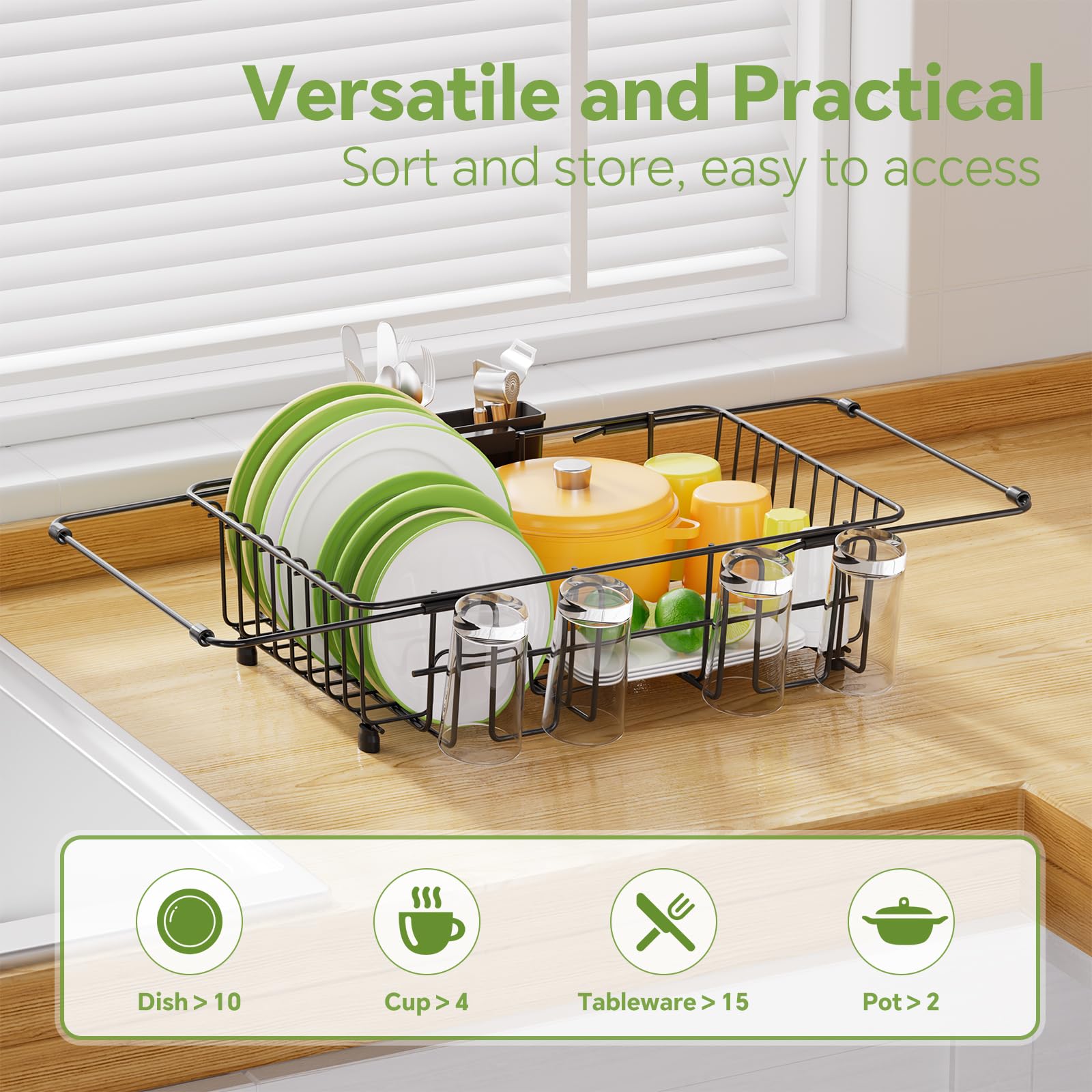 Simple Trending Expandable Dish Drying Rack in Sink, Adjustable Dish Drainers for Kitchen Counter, Inside Sink, Over The Sink with Utensil Holder, Black