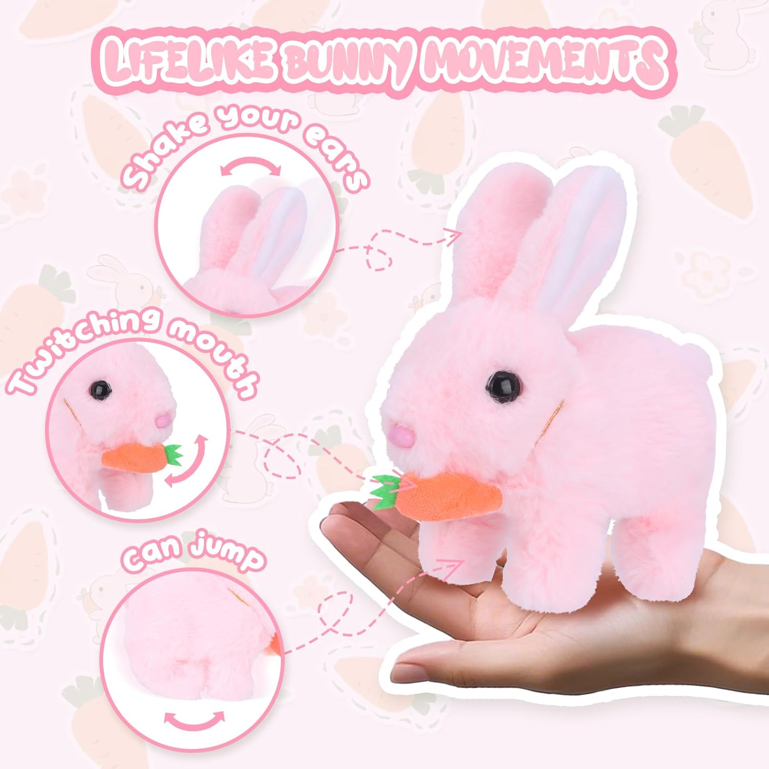 RichRabbit Bunby - Realistic Interactive Bunny Toy | Jumping, Twitching Ears - Pink