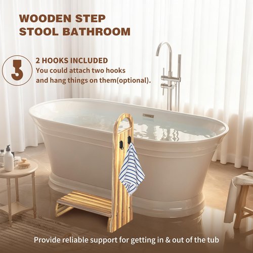 Wooden One Step Stool with Handle, 6" Height Wooden Step for Bathroom/Kitchen, Solid Wooden Step with Semicircle feet for Elderly, Adults, Kids to Get in & Out of Bed Easily(440LBs Capacity)