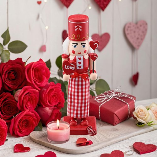 Chunful Valentine's Day Nutcracker Wooden Red Heart Nutcracker Figures 10 Inch Lollipop Soldier Creative Collectible Gift for Valentine's Day Table Decor
