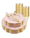 bUCLA 180PCS Pink Plastic Plates - Pink with Gold Rim Disposable for Party Include 30 Each (Dinner & Dessert) Plates, 30 Knives, 30 Forks, 30 Spoons, 30 Cups for Wedding, Easter, Birthday & Shower