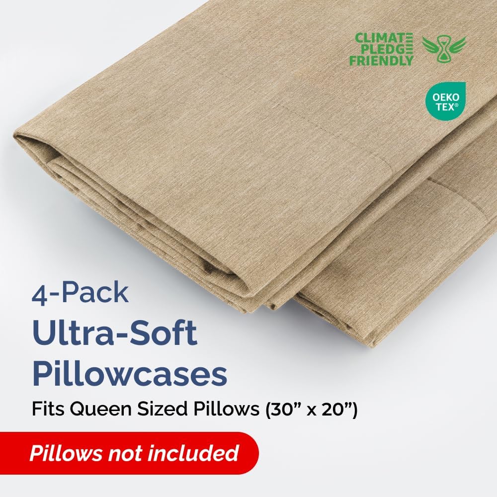 Skiennix Queen Pillow Cases Set of 4 - Ultra Soft Hotel Quality Covers - Wrinkle Free & Fade Resistant - Heathered Tan
