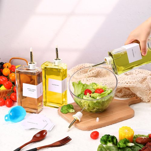 Reallnaive 10 Sets Olive Oil Dispenser Bottles for Kitchen with Nozzles Funnel Labels Cooking Oil Dispenser 500ml Set for Kitchen Vinegar Coffee Syrup (Gold)