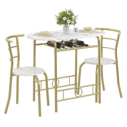 VECELO 3-Piece Dining Table Set for Kitchen Breakfast Nook, Wood Grain Oval Tabletop and Metal Frame with Built-in Wine Rack, for Small Spaces, White & Gold