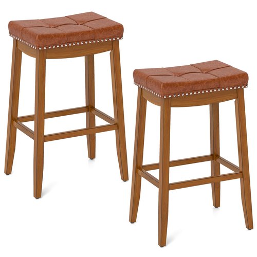 COSTWAY Saddle Bar Stools Set of 2, 29-Inch Bar Height Barstools w/PU Leather Seat, Solid Rubber Wood Frame, Footrest, Mid-Century Backless Bar Stools for Kitchen Island Home Bar