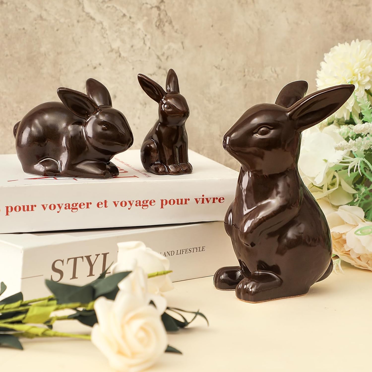 Rabbit Decor Ceramic Chocolate Bunny Figurines - Set of 3 Cute Home Table Centerpieces for Living Room & Office