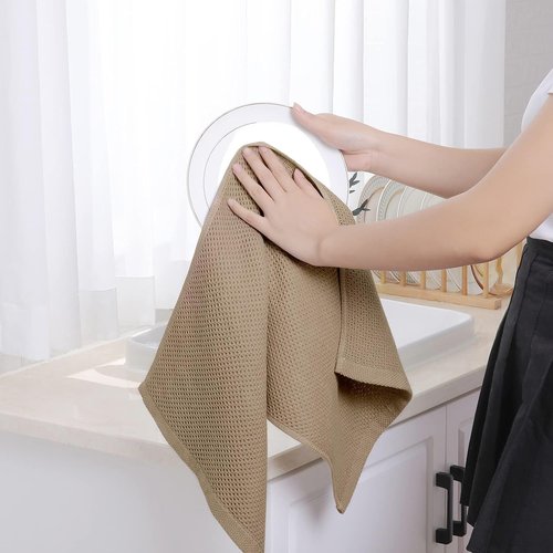 Homaxy 100% Cotton Waffle Weave Dish Towels - Ultra Soft & Absorbent | Quick Drying, 13 x 28 Inches, Tan, 4-Pack