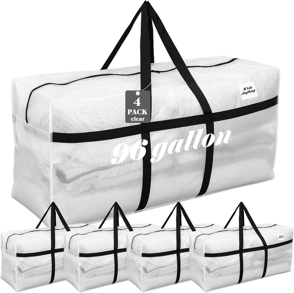 Skiennix 96 Gallon Heavy-Duty Moving Bags - Extra Large Foldable Storage Tote with Zipper Handle (Clear)
