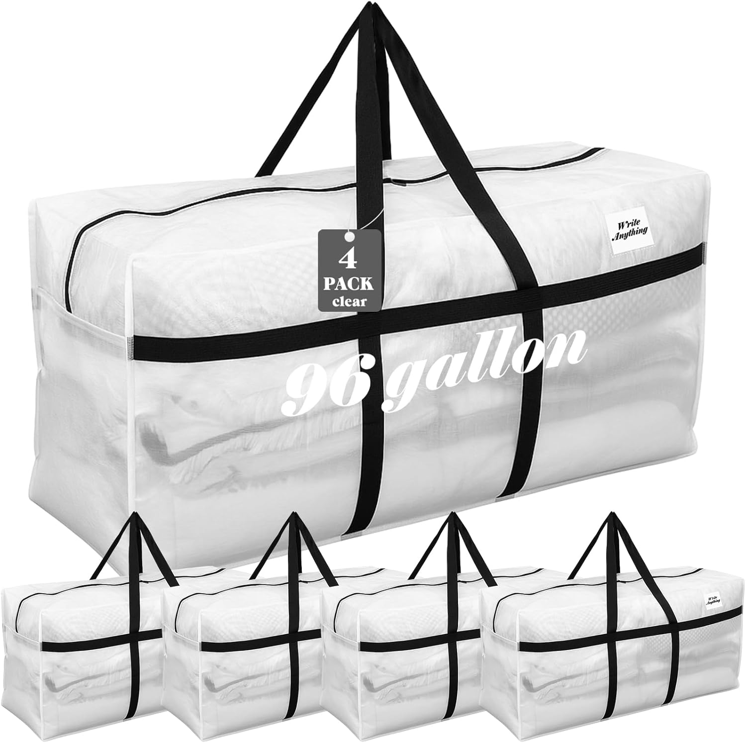 Skiennix 96 Gallon Heavy-Duty Moving Bags - Extra Large Foldable Storage Tote with Zipper Handle (Clear)