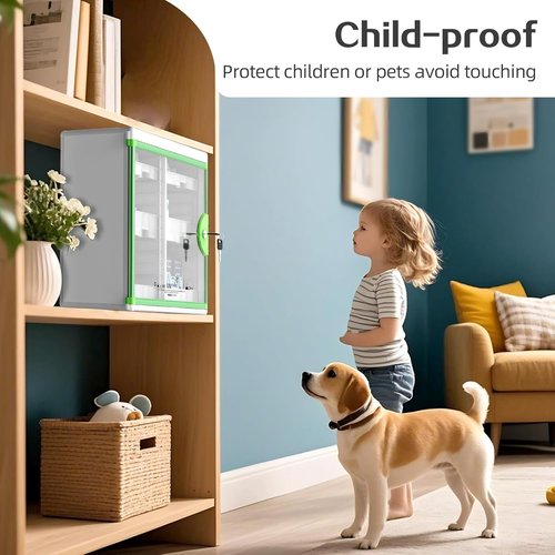 Glosen Locking Medicine Cabinet - Wall Mounted Portable Storage Container | Green 13.6 x 13.4 x 6.5 Inch