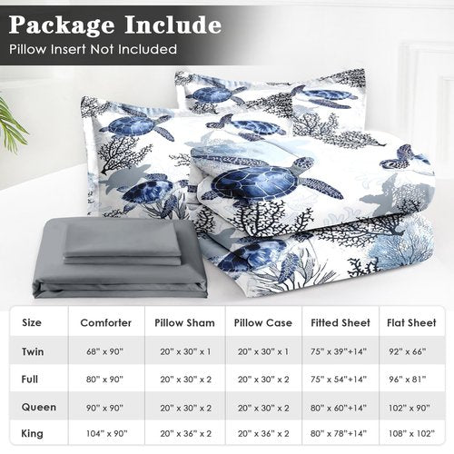 WeCozy 7 Pcs Queen Size Comforter Set with 2 Pillowcases & 2 Shams, Ocean Sea Coral Bedding for Kids and Adults, Blue Animal Turtle Bed in a Bag with Flat Fitted Sheet
