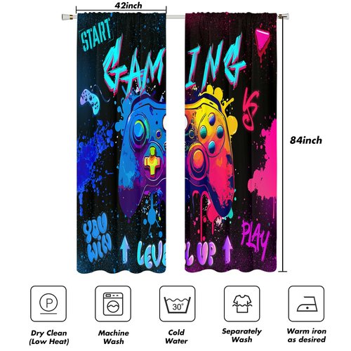 Kikiry Gaming Curtains 42" W x 84" L Graffiti Gamepad for Gamer Boys Kids Teen Colorful Splashed Ink Cute Game Controller Playroom Living Room Bedroom Window Drapes Treatment Fabric 1 Pair